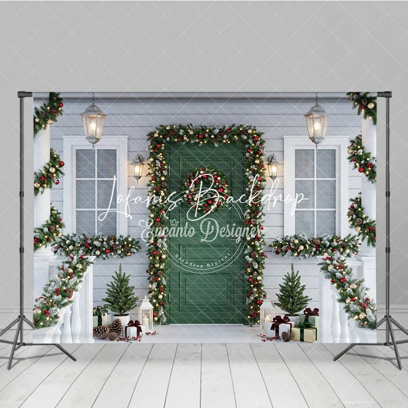 Lofaris Festive Christmas Porch Holiday Backdrop with Green Door Snowy Garlands Wreath and Warm Lights