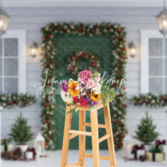 Lofaris Festive Christmas Porch Holiday Backdrop with Green Door Snowy Garlands Wreath and Warm Lights