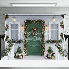 Lofaris Festive Christmas Porch Holiday Backdrop with Green Door Snowy Garlands Wreath and Warm Lights