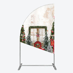 Lofaris Festive Christmas Scene Half Moon Arch Backdrop with Decorated Trees Red Door and Snow Winter Holiday Party Decor