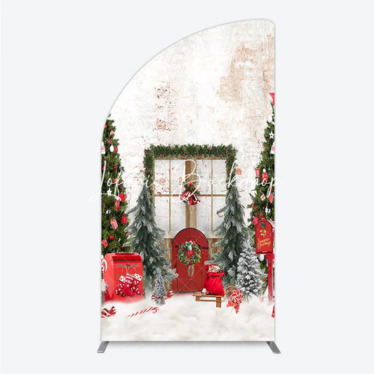 Lofaris Festive Christmas Scene Half Moon Arch Backdrop with Decorated Trees Red Door and Snow Winter Holiday Party Decor
