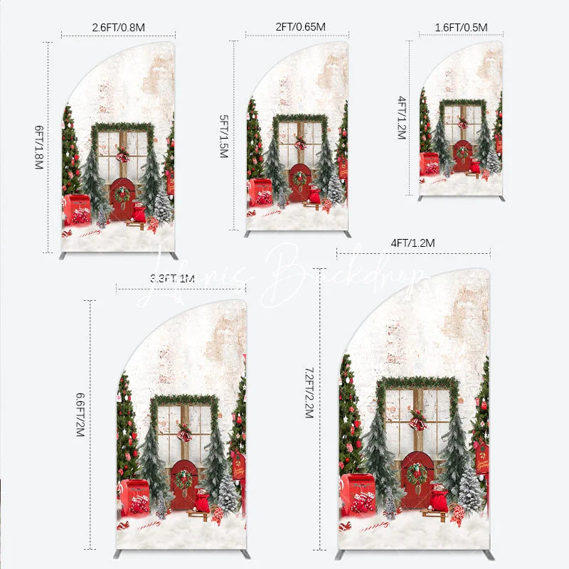 Lofaris Festive Christmas Scene Half Moon Arch Backdrop with Decorated Trees Red Door and Snow Winter Holiday Party Decor