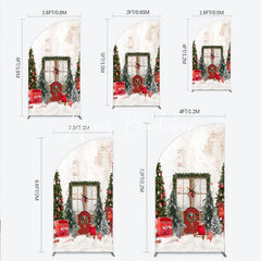 Lofaris Festive Christmas Scene Half Moon Arch Backdrop with Decorated Trees Red Door and Snow Winter Holiday Party Decor