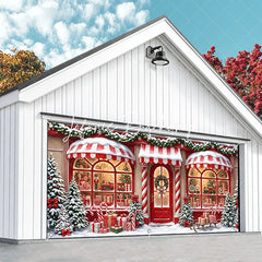 Lofaris Festive Christmas Storefront Garage Door Banner Snowy Holiday Toy Shop with Gifts and Nutcracker Train Decor