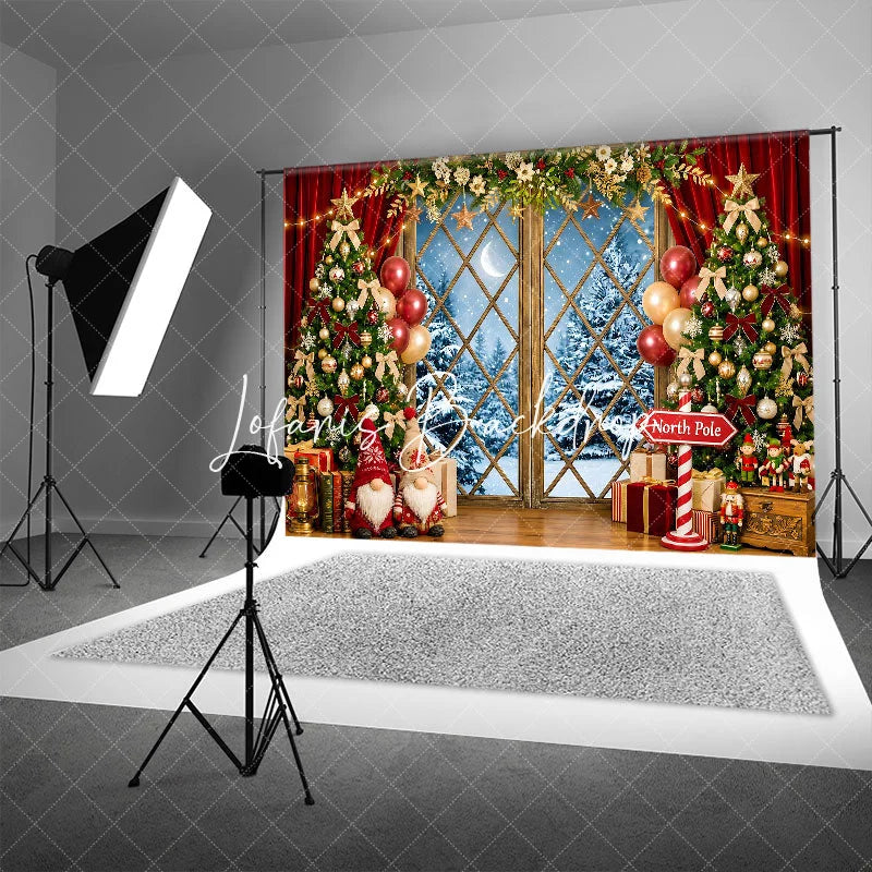 Lofaris Festive Christmas Tree and Snowy Window Holiday Backdrop Winter Wonderland Decor with Gnomes North Pole Sign