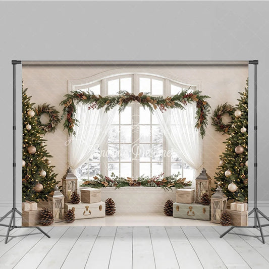 Lofaris Festive Christmas Trees and Garland Holiday Backdrop Elegant Winter Window Scene with Pinecones Berries