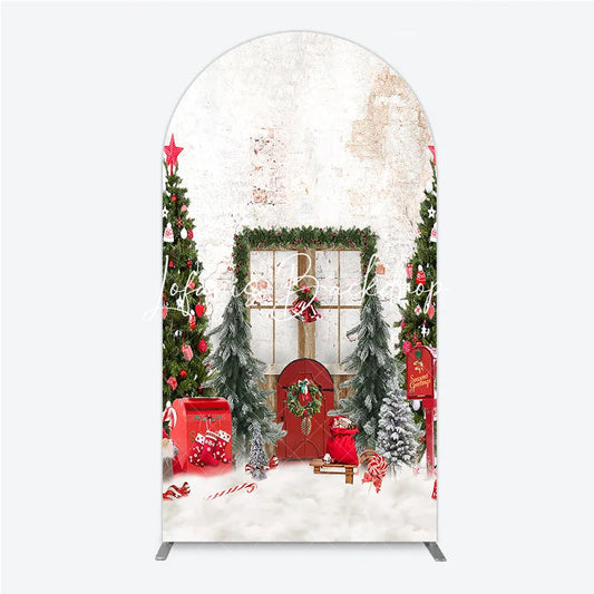 Lofaris Festive Christmas Trees and Red Door Round Top Arch Backdrop Winter Holiday Celebration Photography Decor