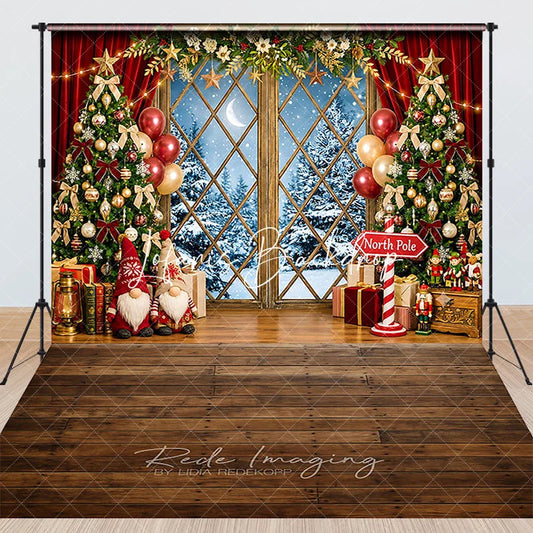 Lofaris Festive Christmas Trees and Snowy Window Combo Set Backdrop with Gnomes Gifts Balloons for Holiday Decor