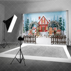 Lofaris Festive Christmas Winter Village Red House Photography Backdrop Gingerbread Man Candy Cane and Gift Decor