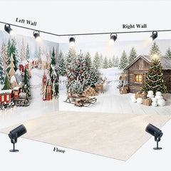 Lofaris Festive Christmas Winter Wonderland Room Set Backdrop Cozy Snowy Pine Trees Rustic Cabin and Train Scene Decor