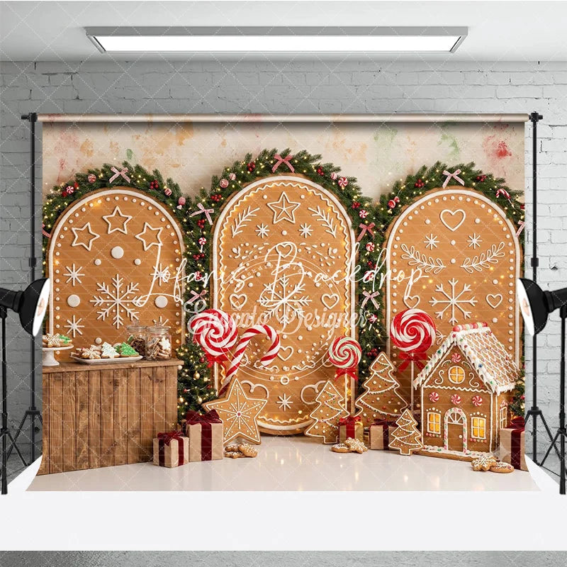 Lofaris Festive Gingerbread House and Snowflake Holiday Backdrop Christmas Garlands Sweet Candy Decor