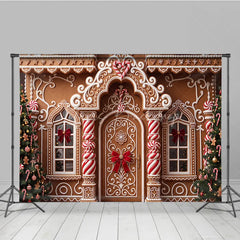 Lofaris Festive Gingerbread House Christmas Holiday Backdrop with White Icing Candy Canes and Decorated Trees