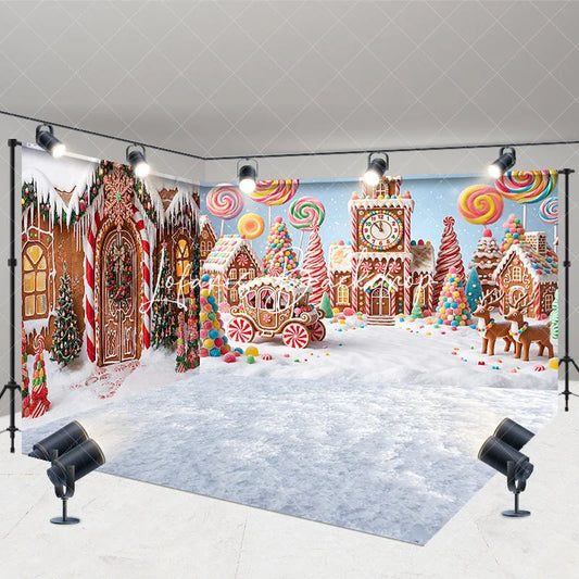 Lofaris Festive Gingerbread Village Candy Land Room Set Backdrop with Lollipops and Reindeer Whimsical Christmas Holiday Decor