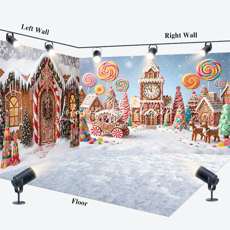 Lofaris Festive Gingerbread Village Candy Land Room Set Backdrop with Lollipops and Reindeer Whimsical Christmas Holiday Decor