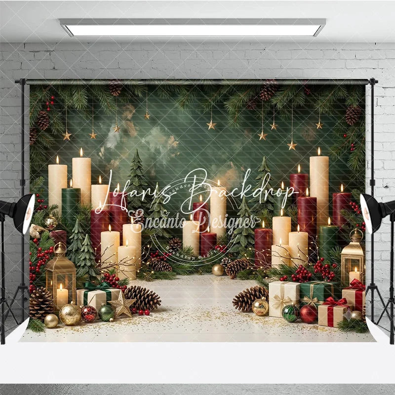 Lofaris Festive Green and Red Christmas Holiday Backdrop featuring Lit Candles Pine Branches Golden Stars Gift Boxes