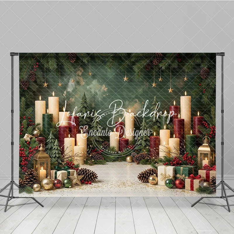 Lofaris Festive Green and Red Christmas Holiday Backdrop featuring Lit Candles Pine Branches Golden Stars Gift Boxes
