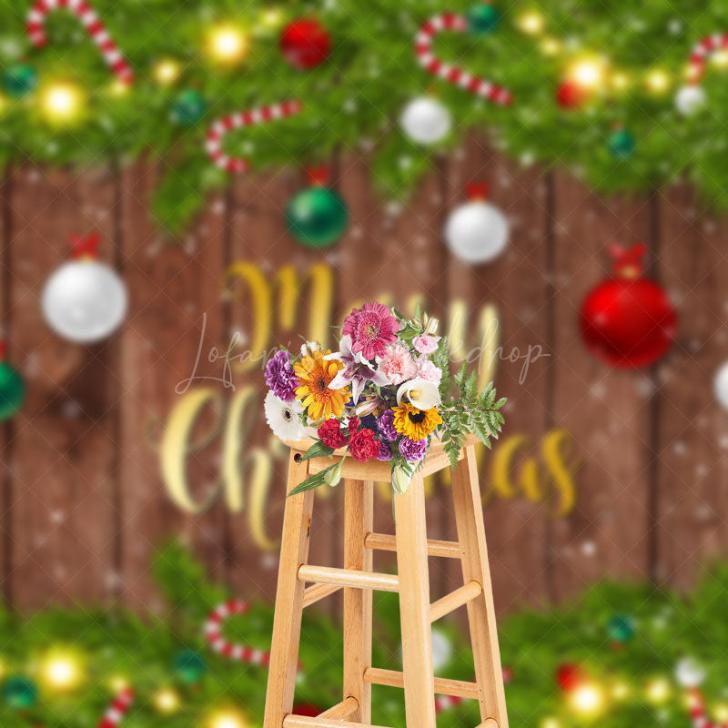 Lofaris Festive Green Leaves Snow Wood Christmas Backdrop