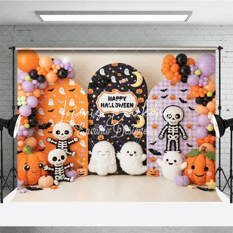 Lofaris Festive Halloween Arched Photography Backdrop with Cute Ghosts Skeletons and Pumpkins Orange Purple Balloons