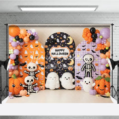 Lofaris Festive Halloween Arched Photography Backdrop with Cute Ghosts Skeletons and Pumpkins Orange Purple Balloons