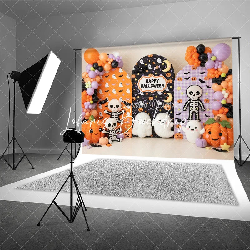 Lofaris Festive Halloween Arched Photography Backdrop with Cute Ghosts Skeletons and Pumpkins Orange Purple Balloons