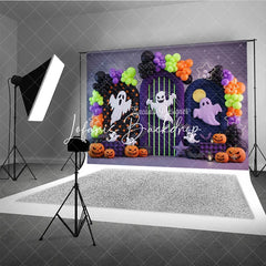 Lofaris Festive Halloween Photography Backdrop featuring Spooky Ghosts Jack-o’-Lanterns and Colorful Balloon Arches
