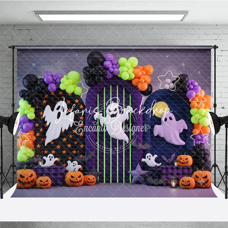 Lofaris Festive Halloween Photography Backdrop featuring Spooky Ghosts Jack-o’-Lanterns and Colorful Balloon Arches