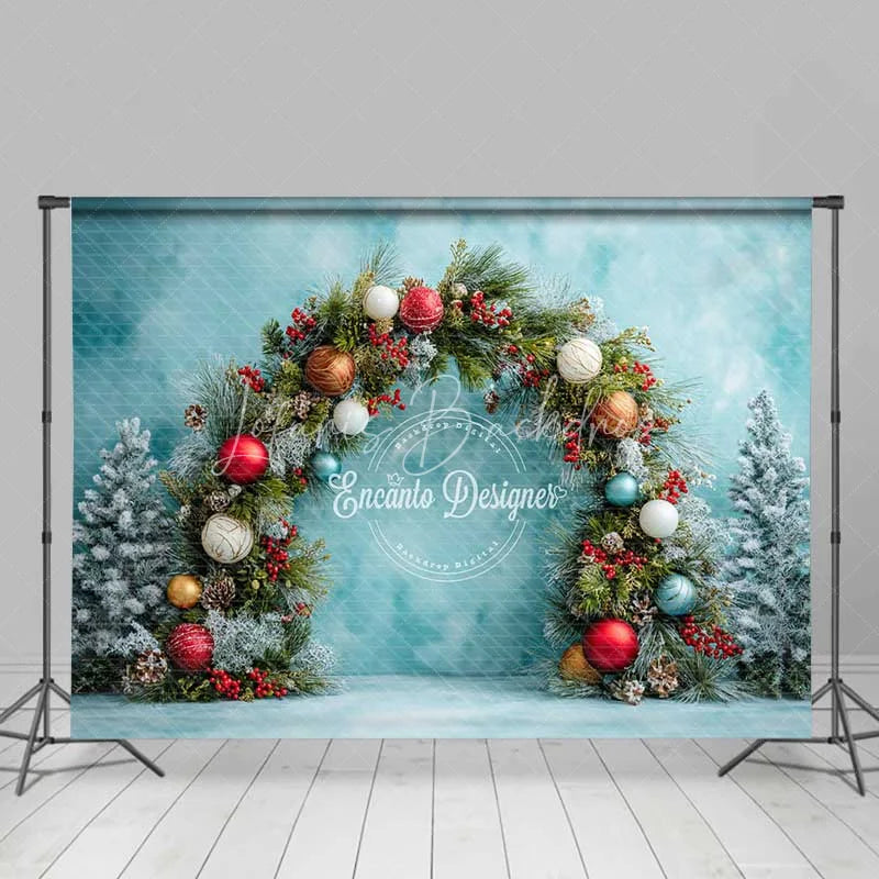 Lofaris Festive Pine Garland Arch Backdrop Colorful Ornament Blue Wall Photography Background