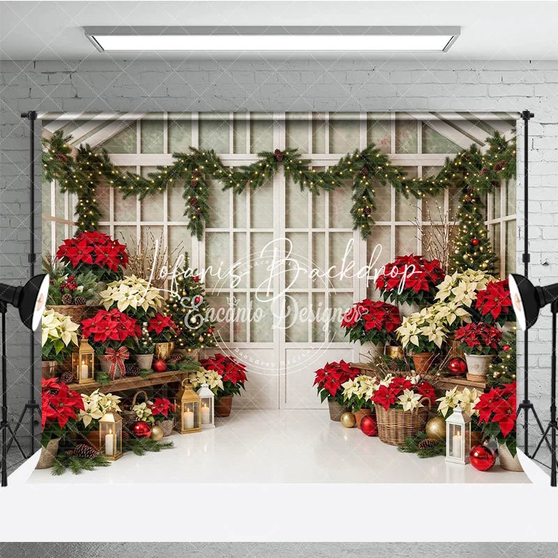 Lofaris Festive Red and Cream Poinsettia Christmas Tree Holiday Backdrop Elegant Winter Greenhouse Decor