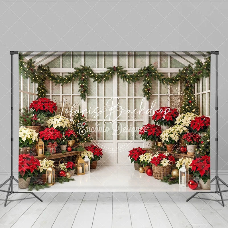 Lofaris Festive Red and Cream Poinsettia Christmas Tree Holiday Backdrop Elegant Winter Greenhouse Decor