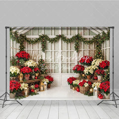Lofaris Festive Red and Cream Poinsettia Christmas Tree Holiday Backdrop Elegant Winter Greenhouse Decor