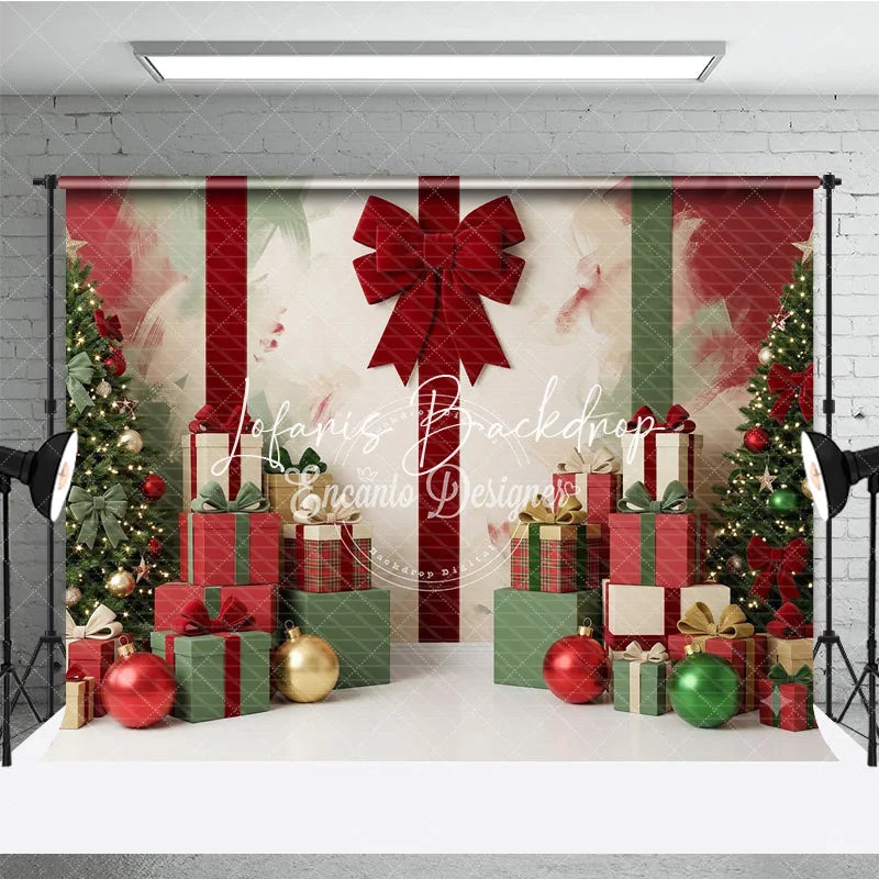 Lofaris Festive Red and Green Christmas Trees Gifts Holiday Backdrop Elegant Bows Ornaments Decor