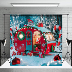 Lofaris Festive Red Camper Van Forest Merry Xmas Backdrop