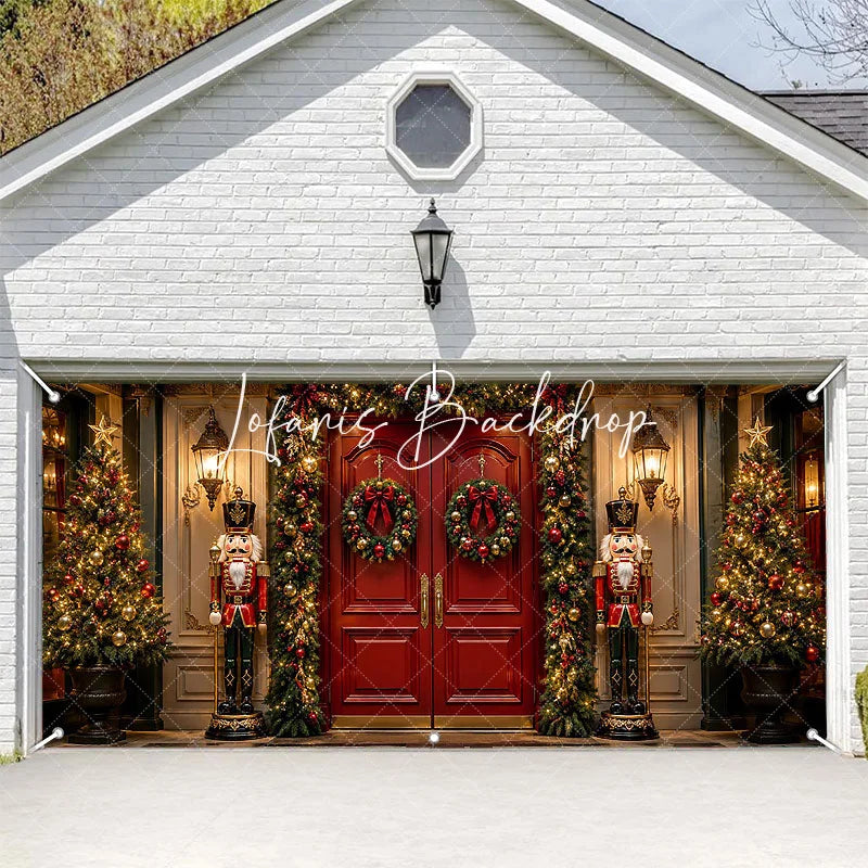 Lofaris Festive Red Door Christmas Nutcracker Garage Banner Elegant Holiday Wreaths Decoration
