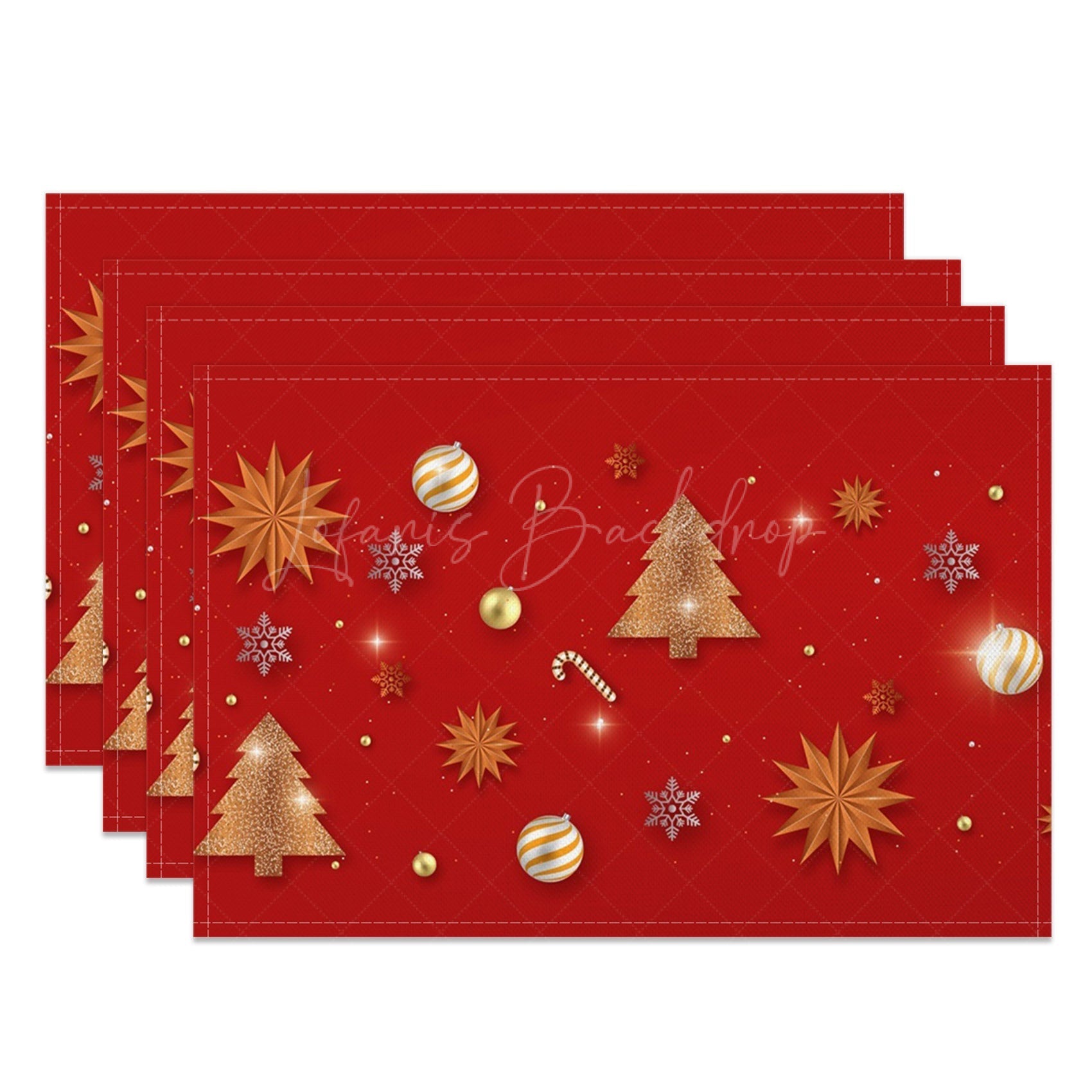 Lofaris Festive Red Gold Snowy Christmas Set Of 4 Placemats