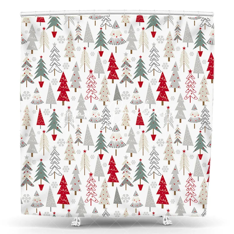 Lofaris Festive Red Green and Gray Christmas Tree Pattern Shower Curtain Modern Winter Holiday Bathroom Decor