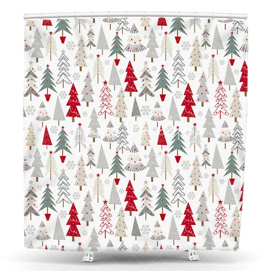 Lofaris Festive Red Green and Gray Christmas Tree Pattern Shower Curtain Modern Winter Holiday Bathroom Decor