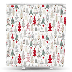 Lofaris Festive Red Green and Gray Christmas Tree Pattern Shower Curtain Modern Winter Holiday Bathroom Decor