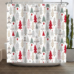 Lofaris Festive Red Green and Gray Christmas Tree Pattern Shower Curtain Modern Winter Holiday Bathroom Decor