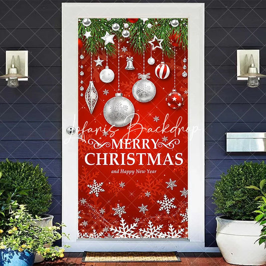 Lofaris Festive Red Merry Christmas and Happy New Year Door Cover with Green Pine Branches Ornaments Snowflakes Decor