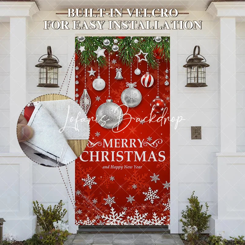 Lofaris Festive Red Merry Christmas and Happy New Year Door Cover with Green Pine Branches Ornaments Snowflakes Decor