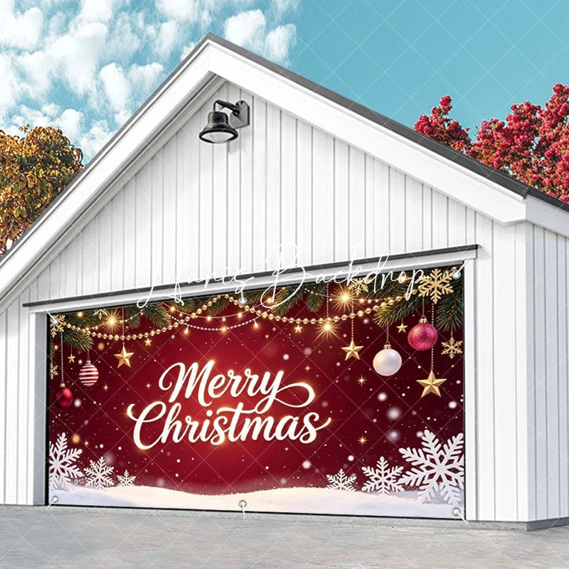Lofaris Festive Red Merry Christmas Pine Branches Garage Door Banner with Golden Lights Ornaments and Snowflakes Holiday Decor