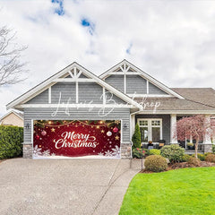 Lofaris Festive Red Merry Christmas Pine Branches Garage Door Banner with Golden Lights Ornaments and Snowflakes Holiday Decor