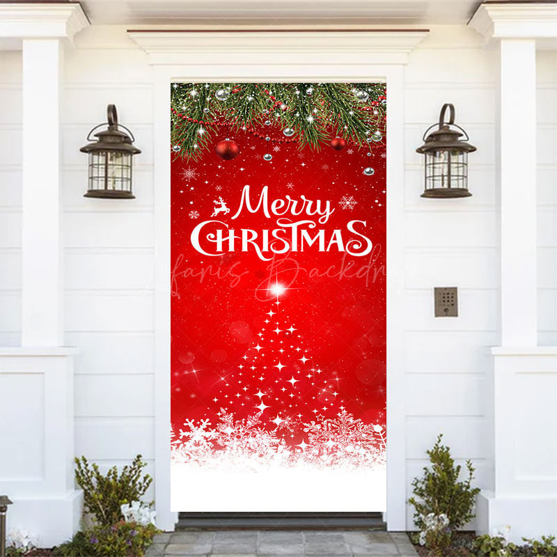 Lofaris Festive Red Snowy Leaves Merry Christmas Door Cover