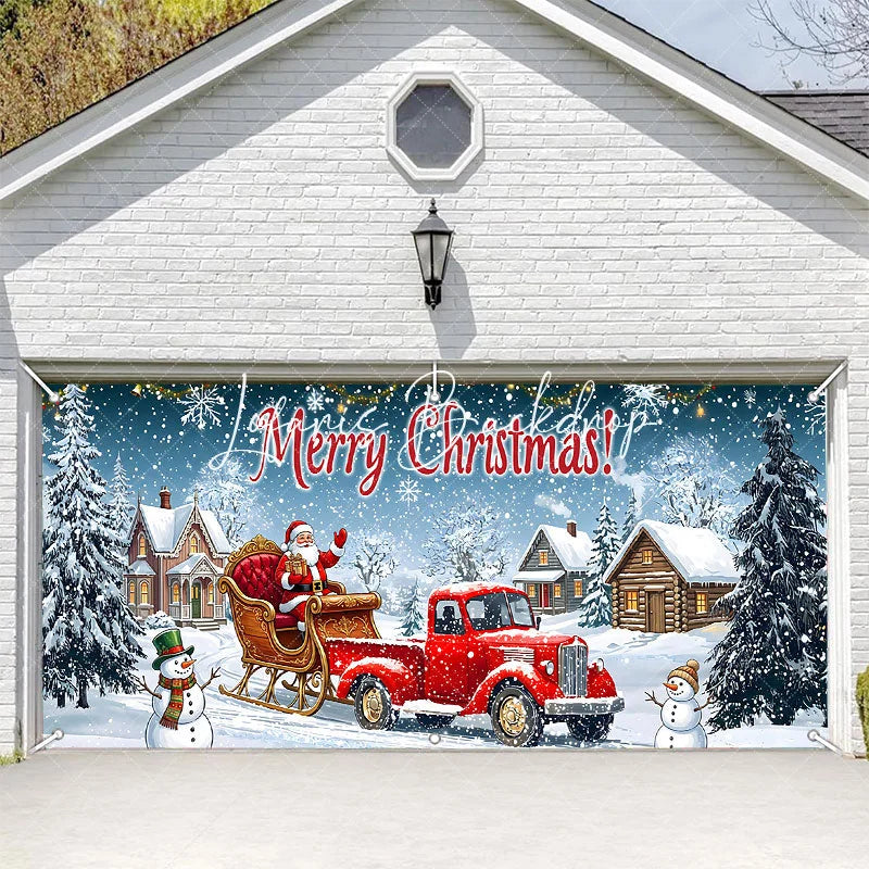 Lofaris Festive Red Truck with Santa Claus and Sleigh Winter Village Garage Door Banner Merry Christmas Holiday Decor