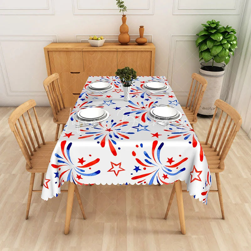 Lofaris Festive Red White and Blue Fireworks Stars Rectangle Tablecloth Patriotic July 4th Celebration Party Decor