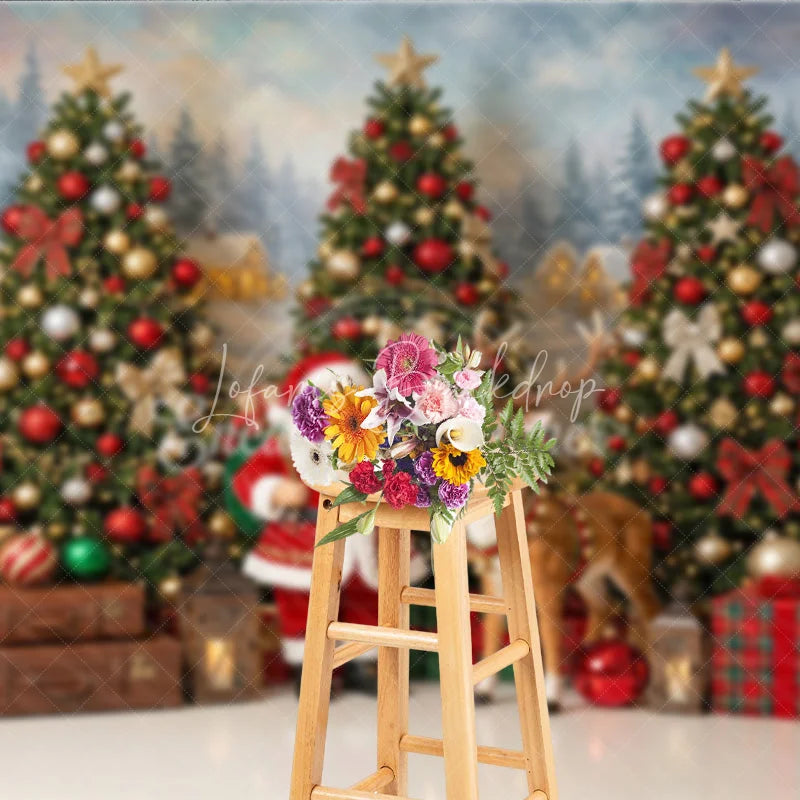 Lofaris Festive Santa Claus and Reindeer Christmas Holiday Backdrop Decorated Trees Snowy Village Gifts Lanterns