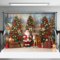 Lofaris Festive Santa Claus and Reindeer Christmas Holiday Backdrop Decorated Trees Snowy Village Gifts Lanterns
