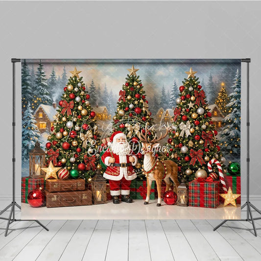 Lofaris Festive Santa Claus and Reindeer Christmas Holiday Backdrop Decorated Trees Snowy Village Gifts Lanterns