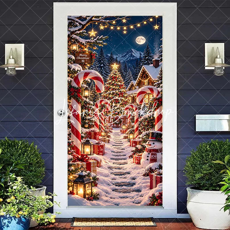 Lofaris Festive Snowy Christmas Village Door Cover with Candy Canes Gifts and Snowman Winter Wonderland Holiday Decor