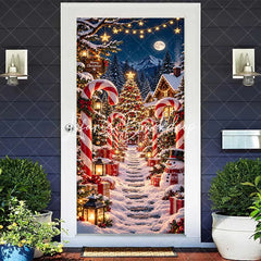 Lofaris Festive Snowy Christmas Village Door Cover with Candy Canes Gifts and Snowman Winter Wonderland Holiday Decor